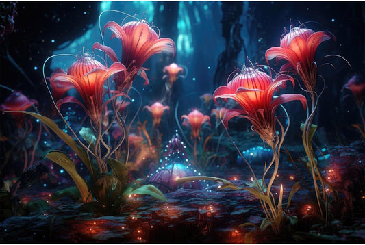 Aquarium Background Beautiful Red Translucent Flowers Terrarium Background Abstract Fantasy Plants Underwater World Tank Poster Glowing Flowers Foggy Forest Fish Tank Background Decors Vinyl 72x24in