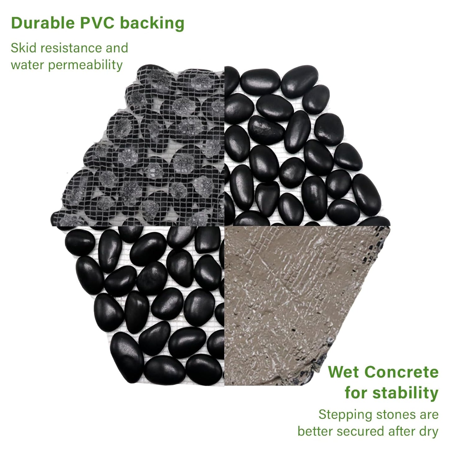 10in River Rock Stepping Stones Set - 6 Pack | Polished Pebble | Long-Lasting PVC Mesh Backing | Perfect for Garden Paths and Lawns Outdoor Landscaping Decoration | Black Rhombus