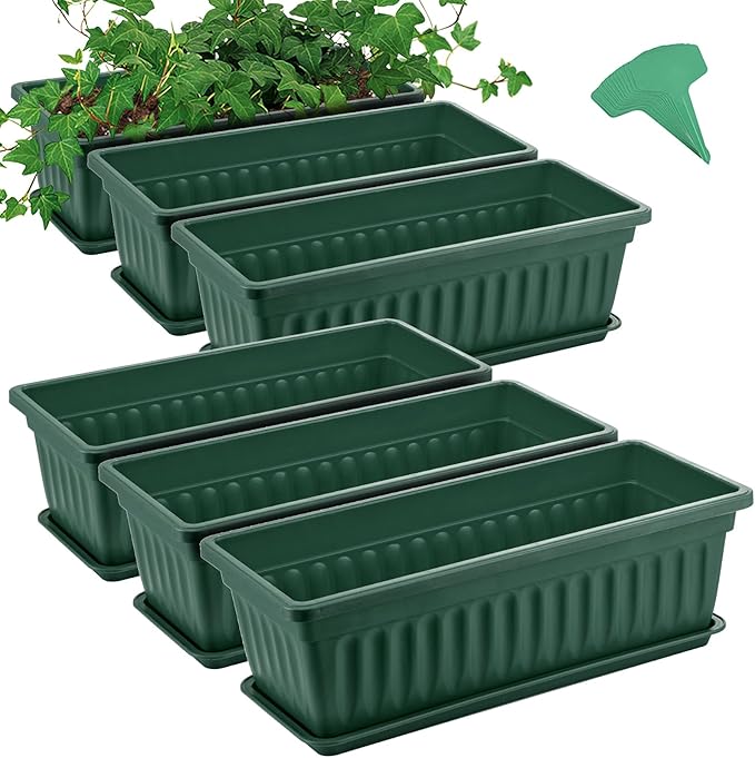 GROWNEER 6 Packs 17 Inches Green Flower Window Box Plastic Vegetable Planters Long Pots with 15 Pcs Plant Labels for Outdoor Indoor Windowsill Patio Garden Home Decor Porch