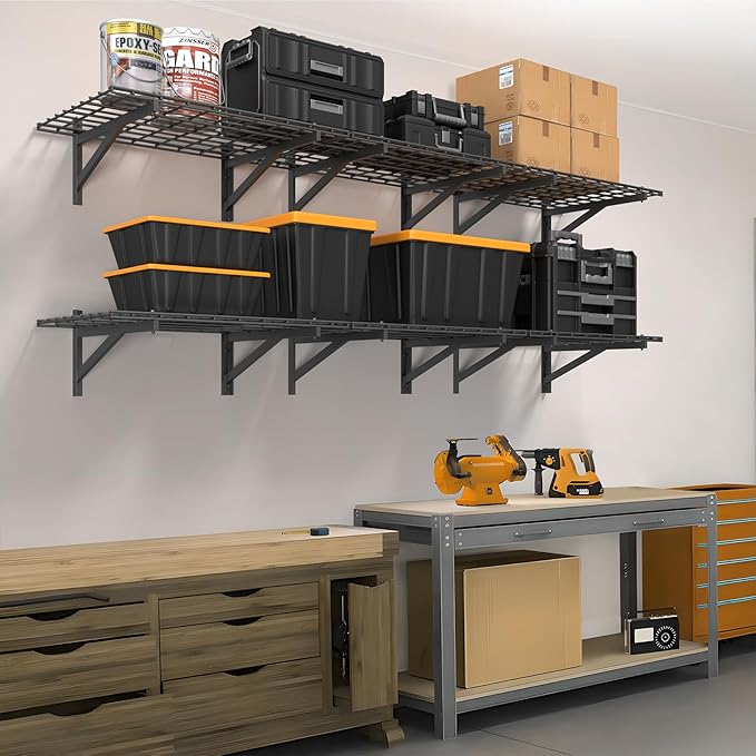 4 Pack Heavy Duty Garage Wall Shelving Set (2x3ft), Wall Mounted Garage Shelves 1000lbs Capacity, 24"x72" Shelf Storage Rack Floating Shelves, Black