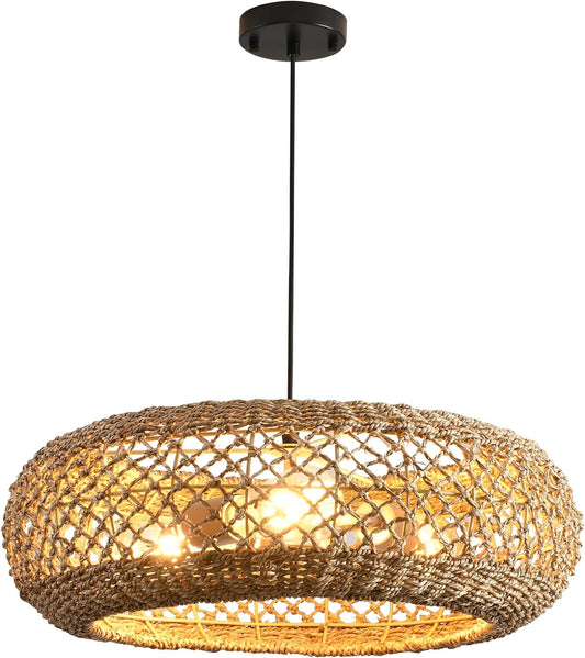 20.1" Large Rattan Chandelier, 3 Light Hanging Light, Boho Wicker Pendant Lighting, for Kitchen Island, Bedroom, Dining Room, Entryway, Foyer