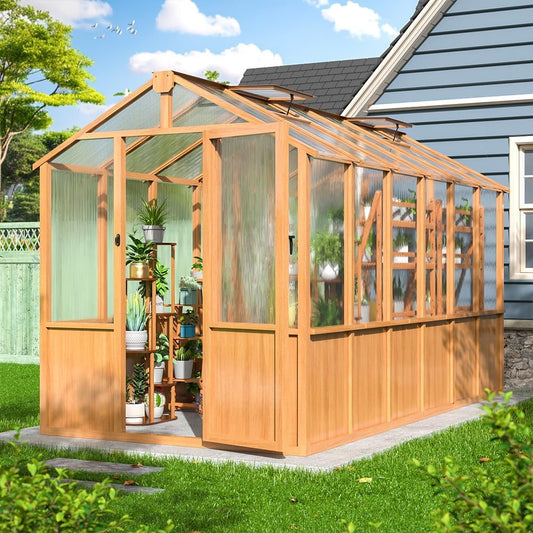 6x12 FT Wooden Greenhouse for Outdoors, Walk-in Greenhouse with 6MM Thick Polycarbonate Panel and Adjustable Roof Vents, Garden Backyard, Wood Colour
