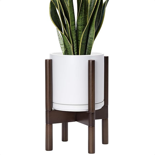 D'vine Dev Ceramic Planter with Walnut Color Stand - 8 Inch Modern Round Flower Pot with Wood Planter Holder, White, 55-B-Y-1