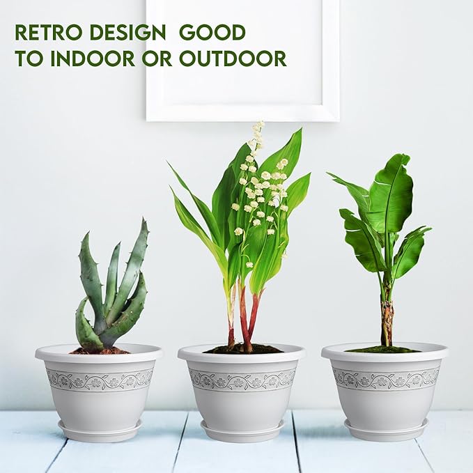 8 Inch Plant Pots with Drainage Hole - Lightweight Flower Pots for Herbs and Flowers - Home Decor Plastic Planters for Indoor Outdoor Plants- Pack of 6 (White, 8 inch)