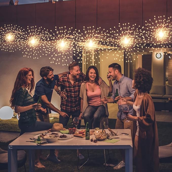 200 LED Starburst Sphere Lights,Firework Lights Battery Powered, Tent Chandelier Remote Control, Waterproof Hanging Lights for Gardens Courtyards Porches Christmas Party Home Decor（Warm White）