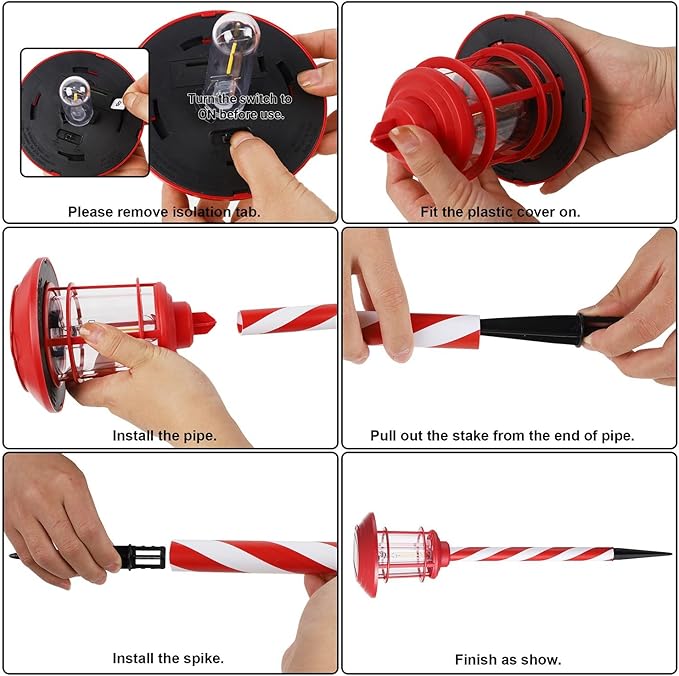 Dynaming 6 Pack Dual Use Solar Christmas Path Lights Outdoor, Hanging Lantern Solar Garden Light with Edison Bulb, Xmas Pathway Markers, Auto On/Off Candy Cane Lights for Patio Yard Walkway Driveway