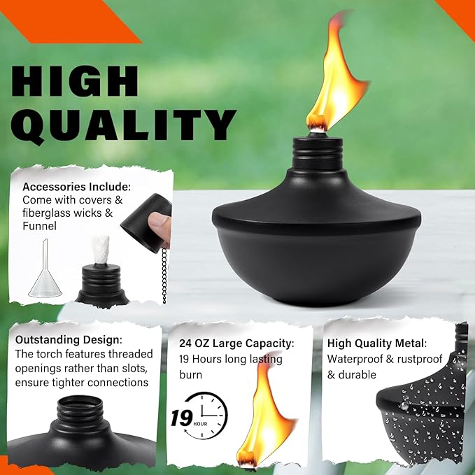 4-Pack Upgraded Tabletop Torches, 24 oz Citronella Torch Lights, Refillable Torch with Wicks, Covers, and Funnel Included - Ideal for Garden, Patio, Deck, Yard, Party, Landscape