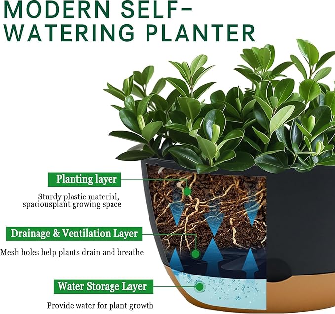 8 Inch Pots for Indoor Plants, Self Watering Planters with Drainage and Saucers, Plastic Outdoor Flower Pot, Set of 2, Grey