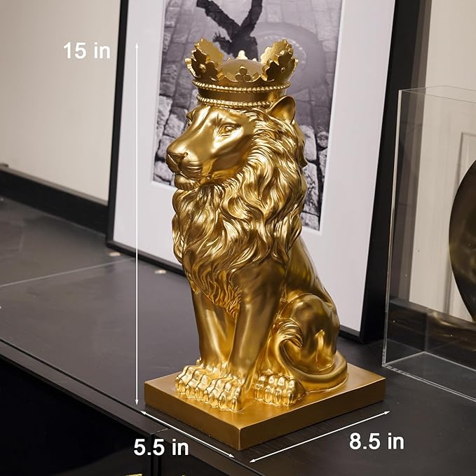 Gold Room Décor Lion Statue – 15 Inch Gold Statue Lion Figurine House Decorations with Crown Lion Statues Home Décor Lion Decoration Décor for Living Room Gold Décor 8.5 * 5.5 * 15 Inch