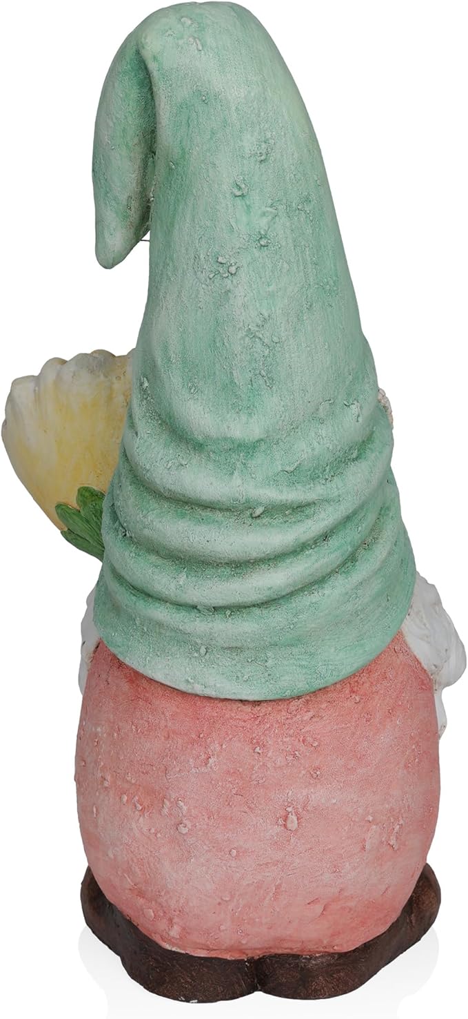 Alpine Corporation MCC842 Indoor/Outdoor Gnome Holding Sunflower Garden Statue, Charming Gnome Statue w/Hat, 21" H, Turquoise