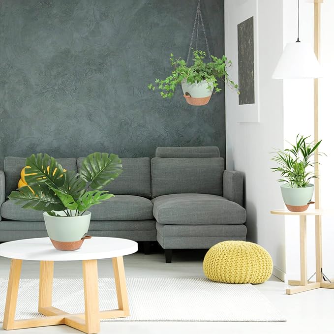 Hanging Planters for Indoor Outdoor Plants, 2 Pack Self Watering Hanging Pot with Drainage Holes & Removable Tray (Green, 10'')