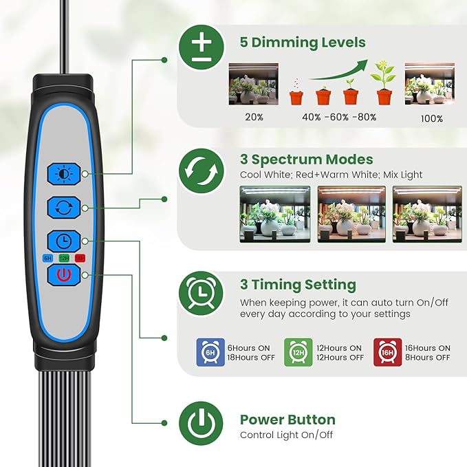 Grow Lights for Indoor Plants Full Spectrum, LED Grow Light Strips with 6/12/16H Timer, 3 Spectrum Modes, 5 Brightness Levels, 180 LEDs Sunlike Plant Lights for Indoor Growing (2 Pack)