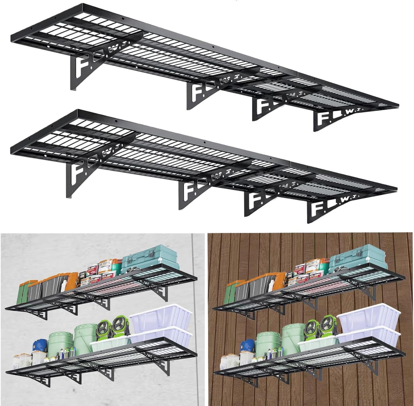4 Pack Garage Wall Shelving, Heavy Duty 1.5' x 3.8' Wall Mount Storage Shelf with Hooks, Garage Storage Rack Floating Shelves, Holds 250 lbs Each