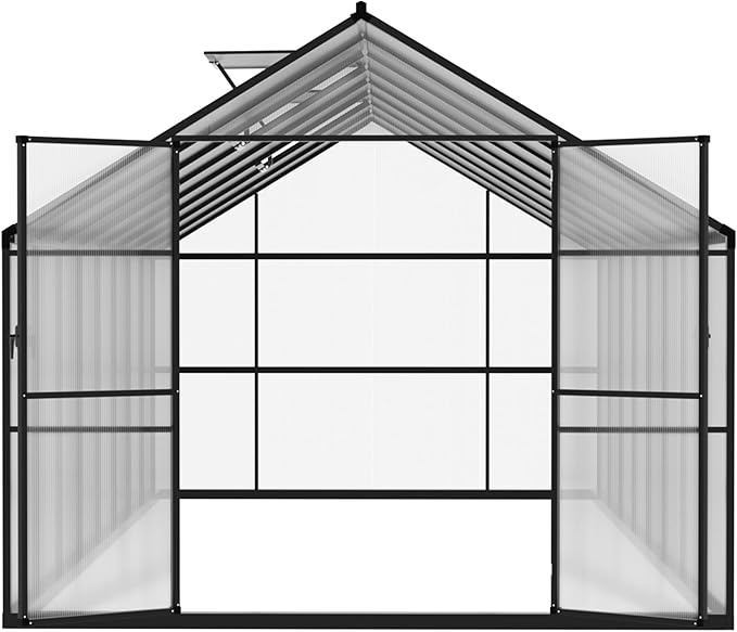 8x16 FT Polycarbonate Aluminum Greenhouse Kit, Outdoor Walk-in Green House with Adjustable Roof Vents and Lockable Door, Backyard Garden in Winter, Gray