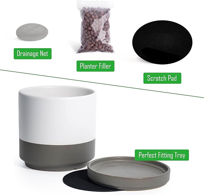 D'vine Dev 4.6 Inch & 6 Inch Ceramic Planter Pots for Plants with Drainage Hole and Saucer, Small Plant Pots Set, White/Speckled Grey, 94-G-S-6