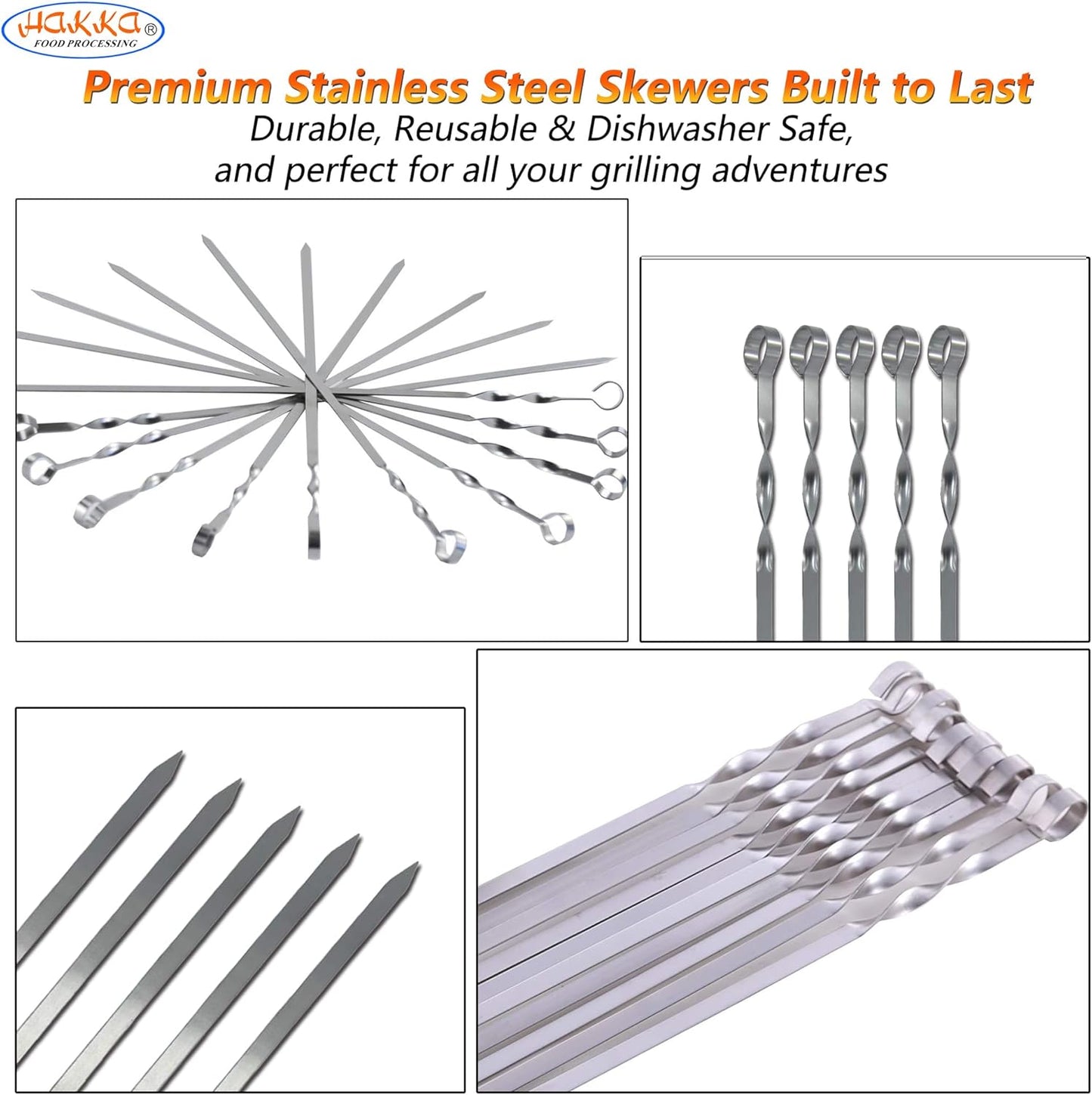 Hakka Stainless Steel Barbecue Skewers, 23" Heavy Duty Metal Skewers Large Wide Grilling Reusable Kabob Sticks with NonSlip Ring Handle,Set of 10