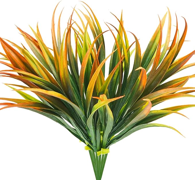 6Pcs Artificial Grass Fake Plants 17.3in Outdoor Plastic Plants UV Resistant Greenery Fake Grass for Home Window Garden Office Patio Hanging Planter Pathway Front Porch Décor Orange Yellow
