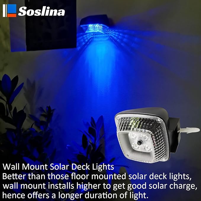 4 Pack Solar Step Lights Outdoor Waterproof, Solar Wall Lights Outdoor, Last All Night, Solar Fence Lights for Fence Garden Step Yard Decking Patio (Blue)