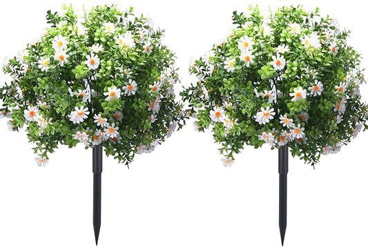 23.6" Artificial Boxwood Topiary Ball Trees with White Flowers, Set of 2 UV Resistant No Fade Outdoor Faux Plants with Ground Spike, Fake Shrubs for Garden, Patio, Porch, Yard, Indoor Decor
