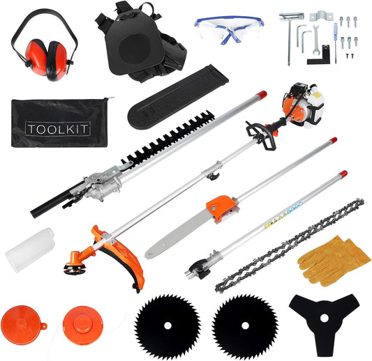 Gas Trimmer Weed Eater 52cc 2-Stroke,6 in 1 Multi-Functional Petrol Trimmer Hedge Trimmer Pole Saw Trimmer for Quick Weed Grass Cleaning Crop Seed Soil Protection Tools