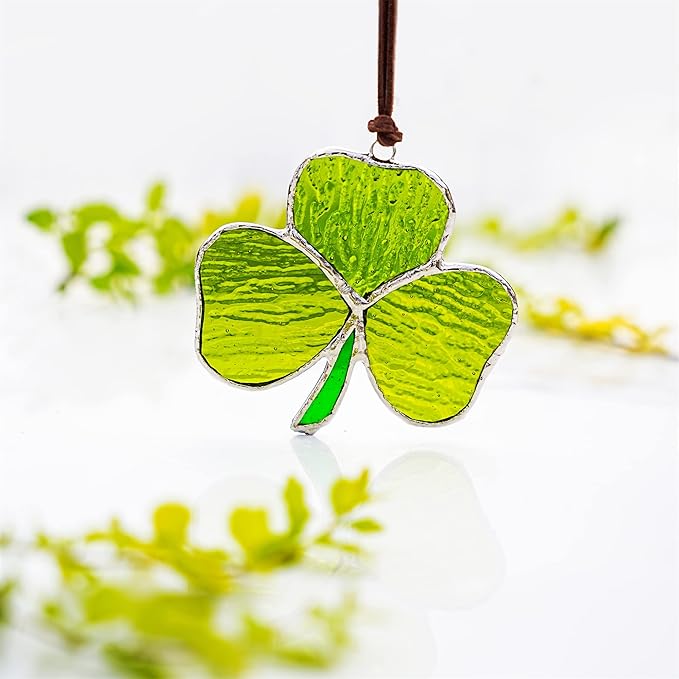 Handmade Stained Glass Shamrock Sun Catcher Window Hanging Irish Suncatcher St. Patrick's Day Decor for Home Green Clover Flower Stained Glass Window Panels for Window 3inch