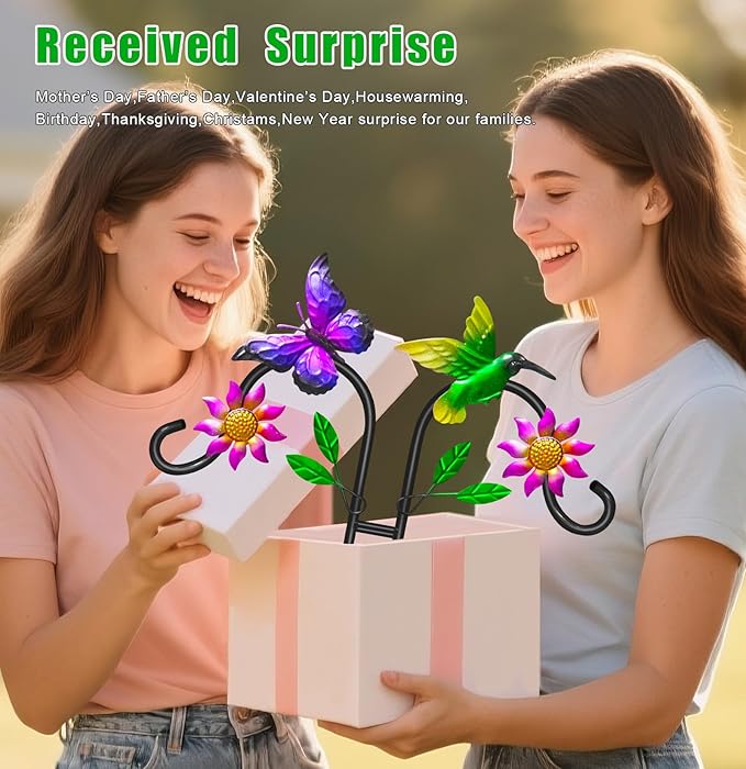 Double Shepherds Hooks for Outdoor, 78 Inch Artistic Hummingbird & Flower Design, 5 - Prong Base, Ideal for Bird Feeders, Baskets & Lanterns (2 Pack)