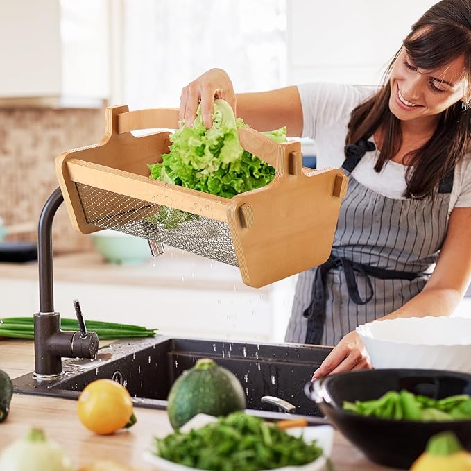 Garden Harvest Basket Mesh Storage with Handle Versatile Gardening Fruits Vegetables Gathering Basket Garden Supply Gardener Gift Spring for Washing Holding (Wood Color,13.4in)