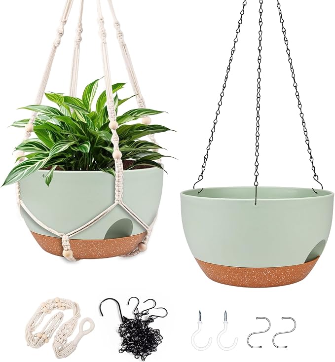 Hanging Planters for Outdoor Indoor Plants, 2 Pack 12 Inch Hanging Basket Plants Outdoor, Self Watering Hanging Planter with Plant Hanger for Garden Home Decoration (2 Type Plant Hangers Green)
