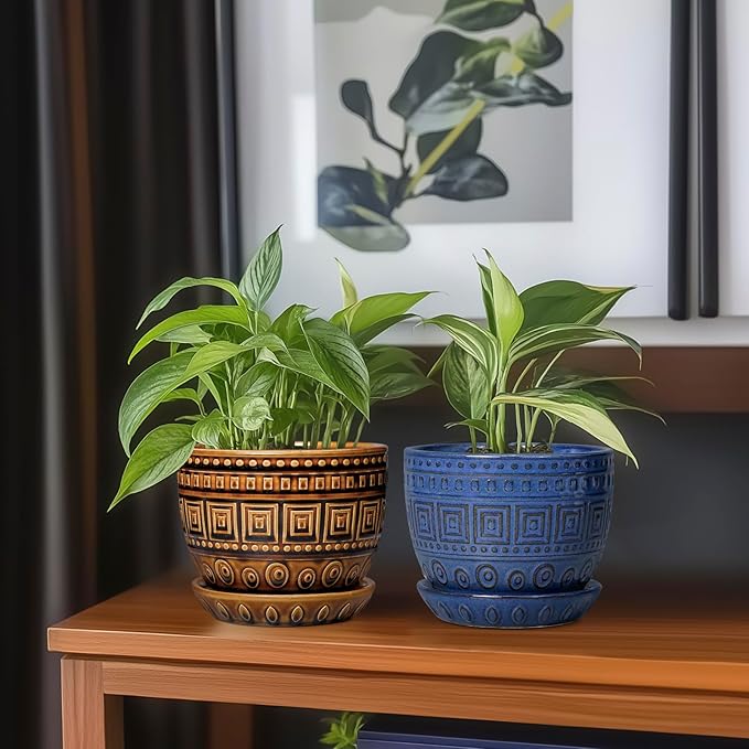 G EPGardening Succulent Pot 5.5 Inch - Ceramic Plant Pot for Indoor Plants Outdoor, Round Boho Planter with Drainage Hole and Saucer, Gifts for Plant Lovers, Office Home Garden Decor, Brown