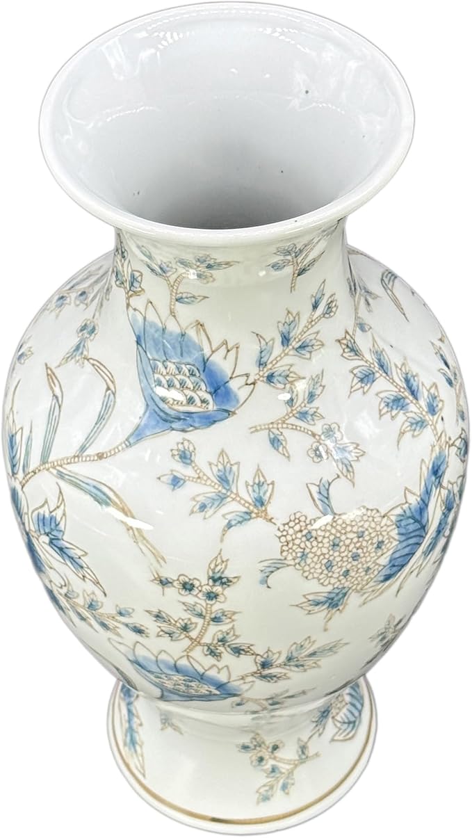 Galt International White & Blue Floral Chinoiserie Ceramic Vase 14" - Hand Painted Antique Style Porcelain Flower Bottle Fishtail Porcelain Chinese Vase for Home Decor Centerpiece