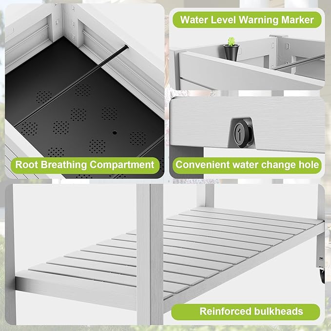 Elevated Raised Garden Bed with Wheels,Outdoor Large Resin Patio Planter Box Stand Divisible with Drain Plug,Water Monitor for Plants Vegetables Flowers Fruits(Ashen)