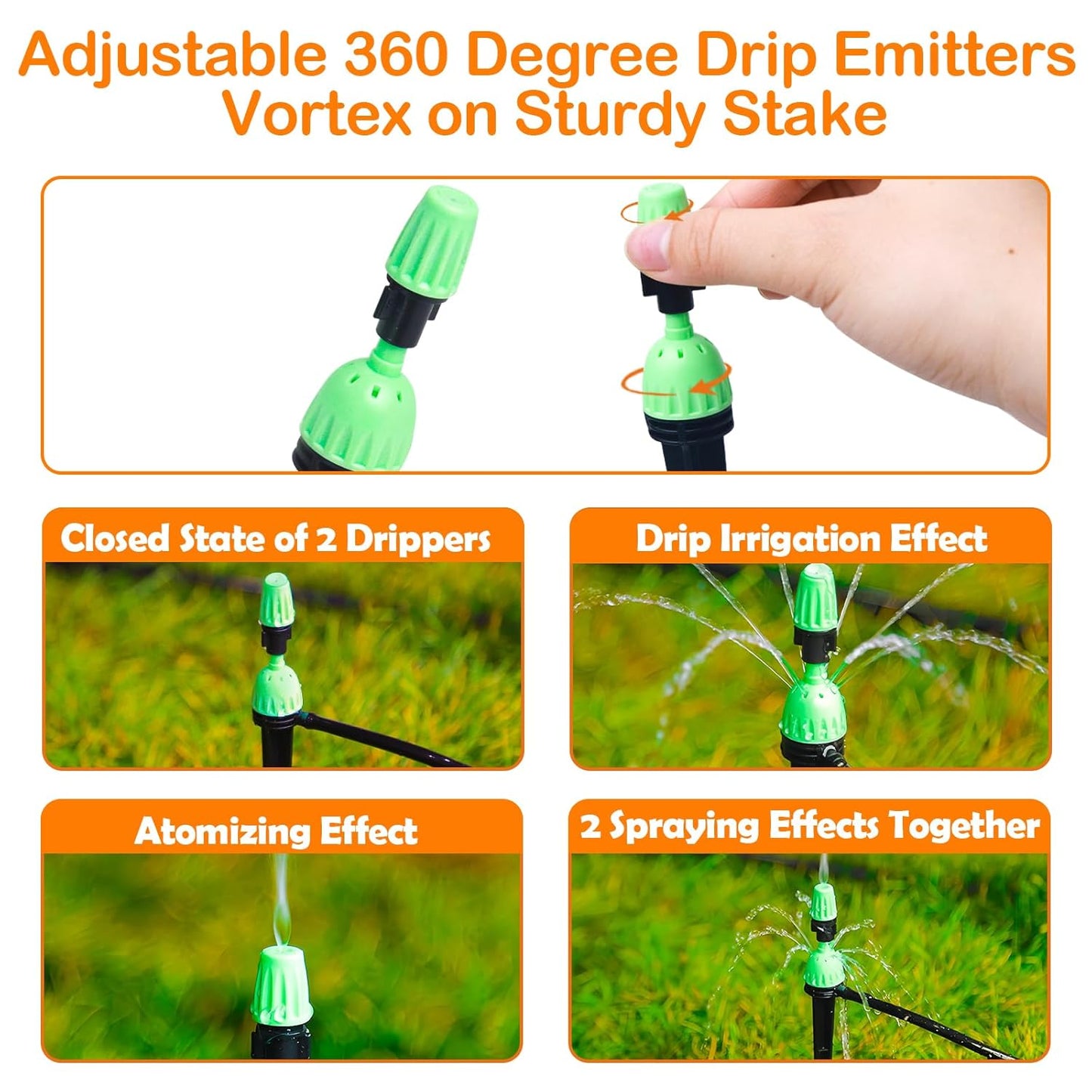 Drip Irrigation Emitters for 1/4" Irrigation Tubing, 25 Pack Integrated Drip Irrigation Stream Emitters & Adjustable Atomizing Nozzles with Stake Adjustable 360 Degree Water Flow Sprayer