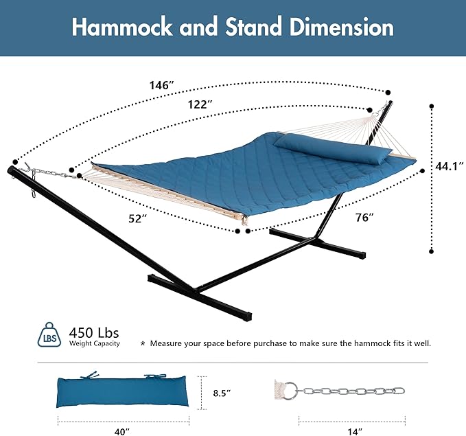 ANOW Double Hammock with Stand Included, Rope Hammock with Detachable Pillow and Pad for Outdoors Indoors, 450 LBS Weight Capacity, Blue