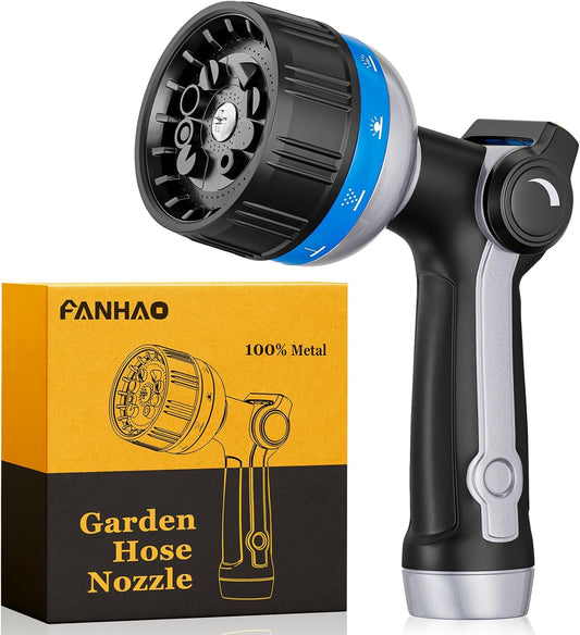 FANHAO Heavy Duty Garden Hose Nozzle, Metal Water Hose Sprayer with 10 Spray Patterns, Thumb Control, On Off Valve, High Pressure Water Nozzle for Plants Watering, Car and Pet Washing, Blue