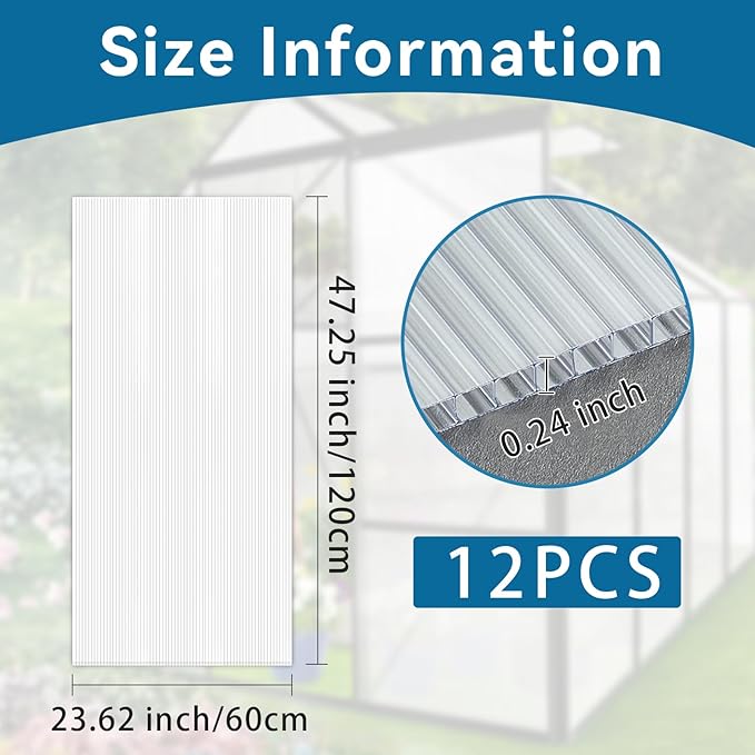 12 Pcs Polycarbonate Greenhouse Panels Waterproof UV Protected Polycarbonate Double Layer Polycarbonate Panels Sheet Corrugated Plastic for Greenhouse, Outdoor, Plant Stand Roof(4' x 2' x 0.24'')