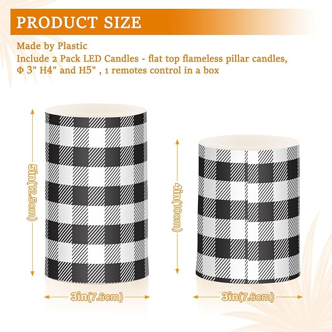 Flickering Flameless Candles, Black White Buffalo Plaid LED Candles with Remote Timer, Set of 2 Battery Operated Candle for Valentine Wedding Birthday