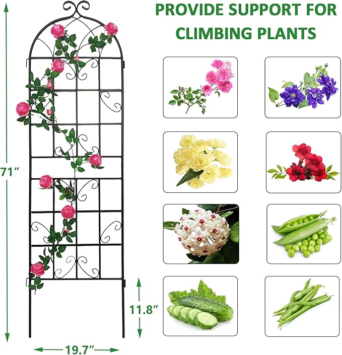2 Pack Metal Garden Trellis for Climbing Plants 71" x 19.7" Outdoor Fence Rustproof Garden Trellis Support Roses Flower Lawn, Black 6FT