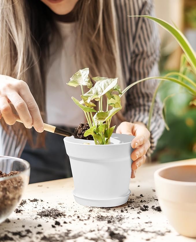 Homenote Pots for Plants, 8 Pcs 7.5 Inch Plastic Planters with Multiple Drainage Holes and Tray - Plant Pots for All Home Garden Flowers Succulents, Cream White