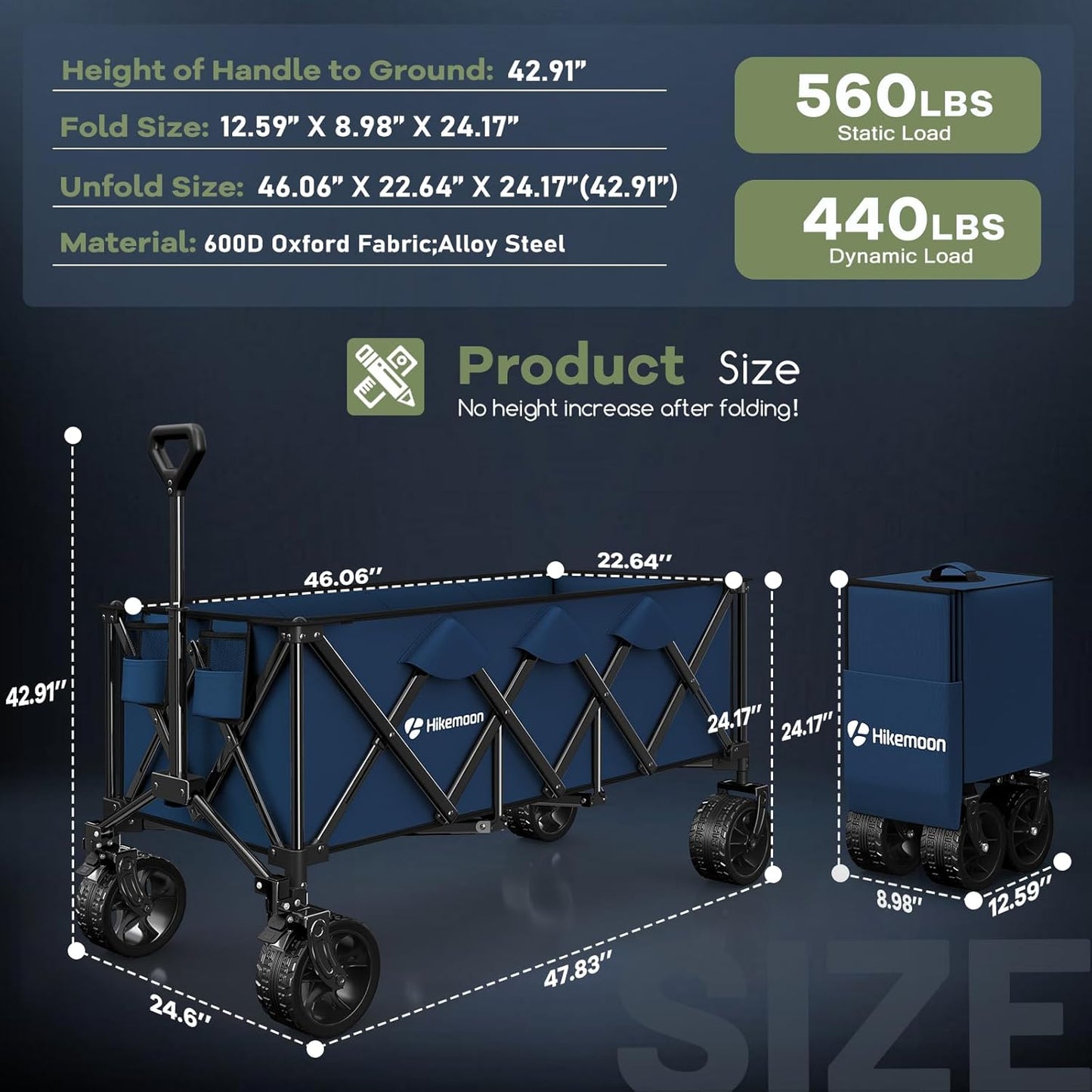 300L Extra Large Wagons Carts Foldable, 560LBS Heavy Duty Collapsible Beach Wagon 48" Long with Big All-Terrain Wheels, Utility Folding Cart for Camping, Grocery, Sports, Garden, Blue