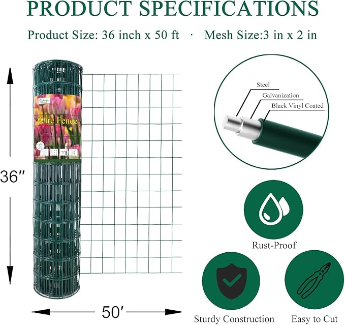 Green PVC Coated Welded Wire Fence 36 Inch x 50 Foot, 2 Inch x 3 Inch 16GA, Garden Border Fencing Roll Vinyl Coating Metal Wire Mesh for Yard Vegetable Plant Protection Poultry Netting