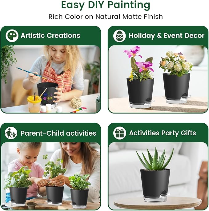 4 inch Self Watering Pots for Indoor Plants, 5 Pack Small Flower Plant Pots with Drainage Holes and Clear Reservoirs, Visible Water Level, Plastic Planters with Wicking Rope, Black