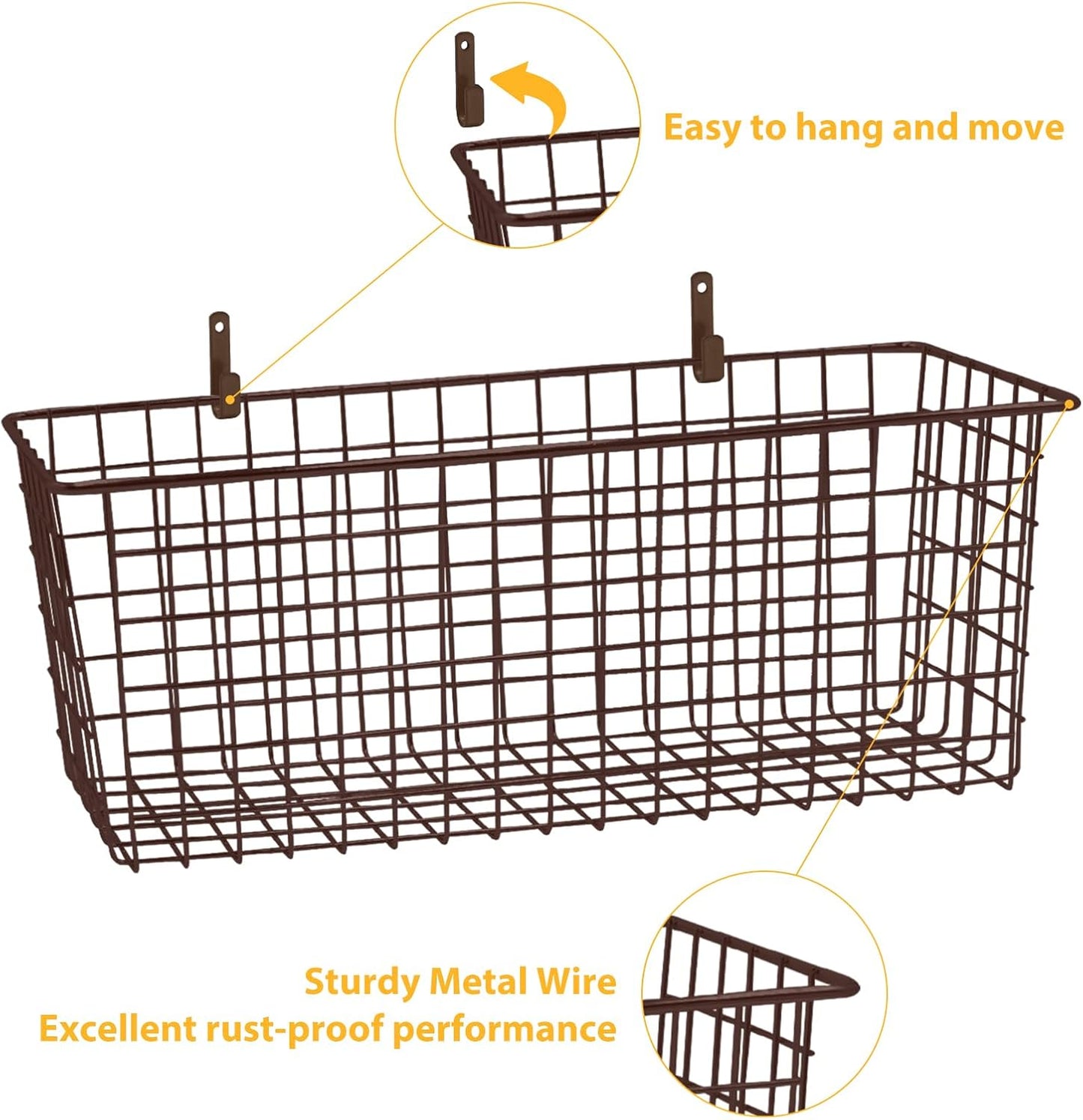 2 Sets Extra Large Hanging Wall Basket, Brown Metal Wire Baskets with Steel Hooks for Organizing, WallmountedFruit Vegetable Toy Snack Storage, Home Kitchen Bathroom Laundry Pantry Organizer