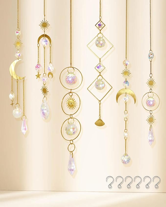 6 Pack Crystal Suncatcher,Hanging Sun Catchers with Crystals, Colorful Crystals Suncatchers Rainbow Prisms for Windows Christmas Tree Home Wedding Party Car Indoor Outdoor Garden Decor