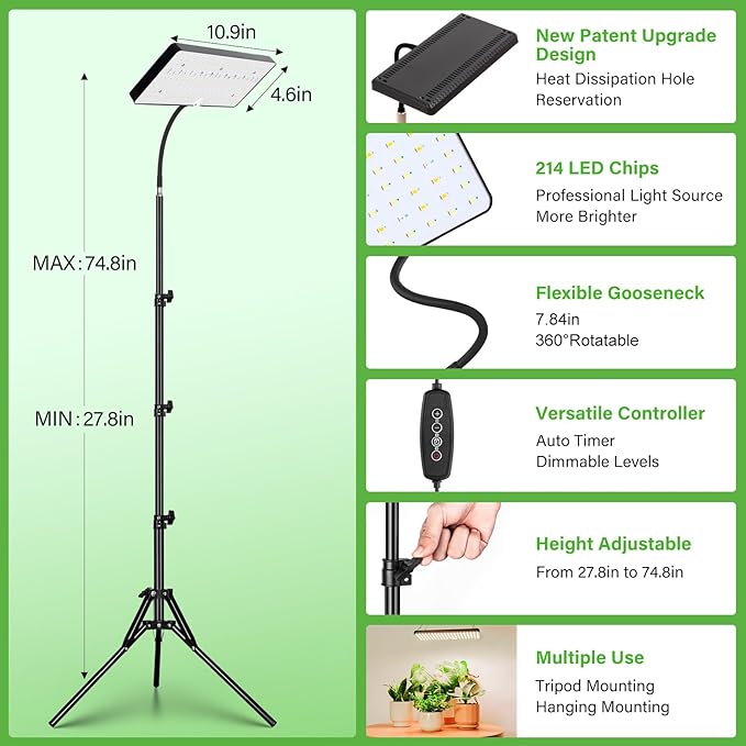 2024 LBW Grow Lights for Indoor Plants Full Spectrum with Stand,214 LEDs Standing Plant Lights for Indoor Growing,Floor Grow Plant Lamp with 4/8/12H Timer,6 Brightness Levels,75" Adjustable Tripod