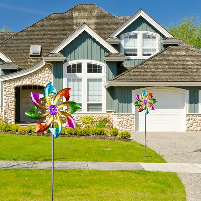 DREAMYSOUL 2 Packs Outdoor Metal Wind Spinner, Colorful Pinwheels for Yard and Garden, Kinetic Rainbow Spinner Wind Sculpture Garden Decor