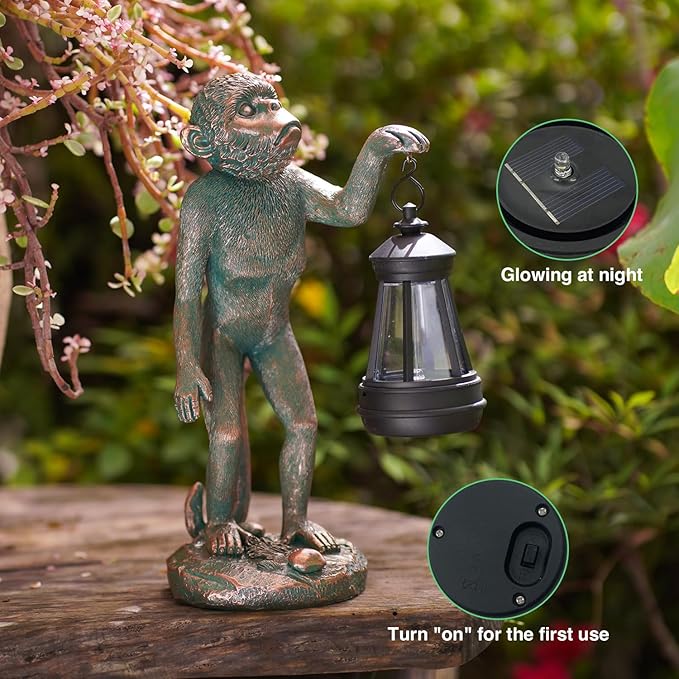 Garden Statue Monkey Figurine - Monkey Decor with Solar Powered Led Lights for Patio Lawn Balcony Yard - Ideal Gift for Women Moms Grandma Housewarming (Copper)