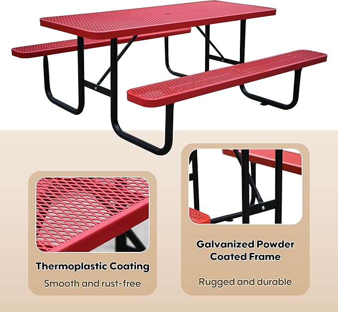 6FT Metal Picnic Tables for Outdoors, Commercial Rectangular Picnic Table and Bench Set for Outside, Patio, Garden, Backyard, Porch, Surface Mount, Red