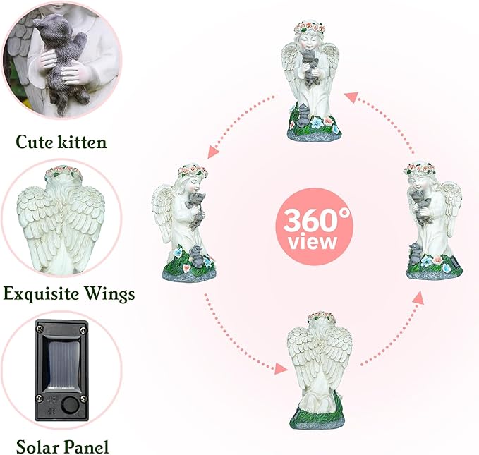 Angel Gifts for Women, Solor Statue for Garden, Angel and Cat Figurine with Lights, Outdoor Decorations for Yard Lawn Patio, Gifts for Mom Grandma Mother in Law Gardener Mother'Day