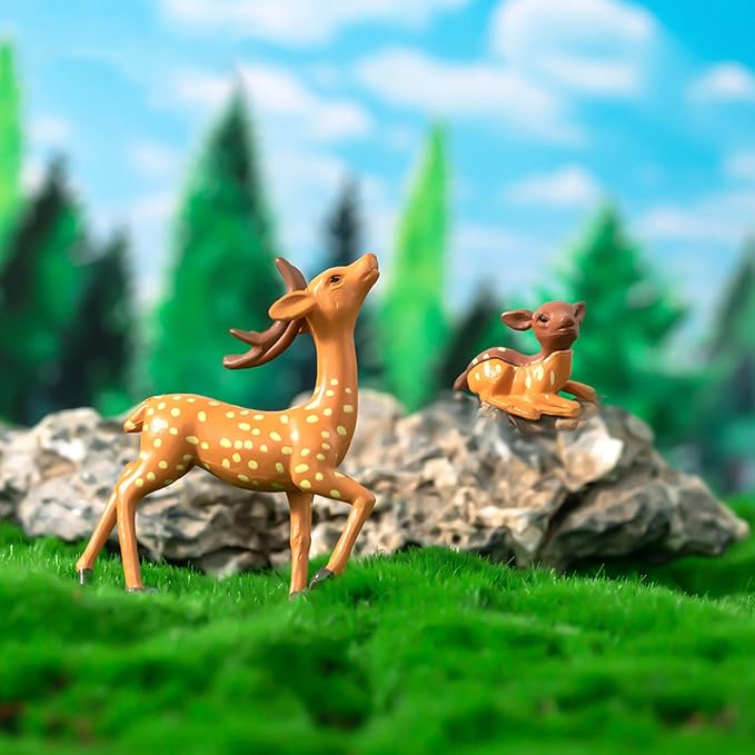 Exasinine 12 Pcs Mothers Love Deer Figurines Forest Animal Figurines Woodland Animals Creatures Figurines Miniature Deer for Crafts Fairy Garden Supplies Cake Toppers