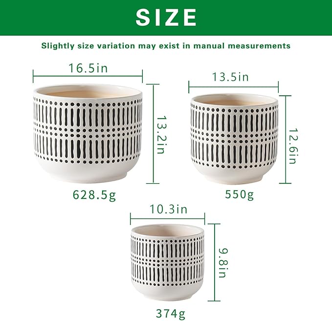 Docrin Plant Pots Ceramic: 6.5+5.3+4 Inch Flower Pots with Drainage Holes for Home/Office - Set of 3/White and Black
